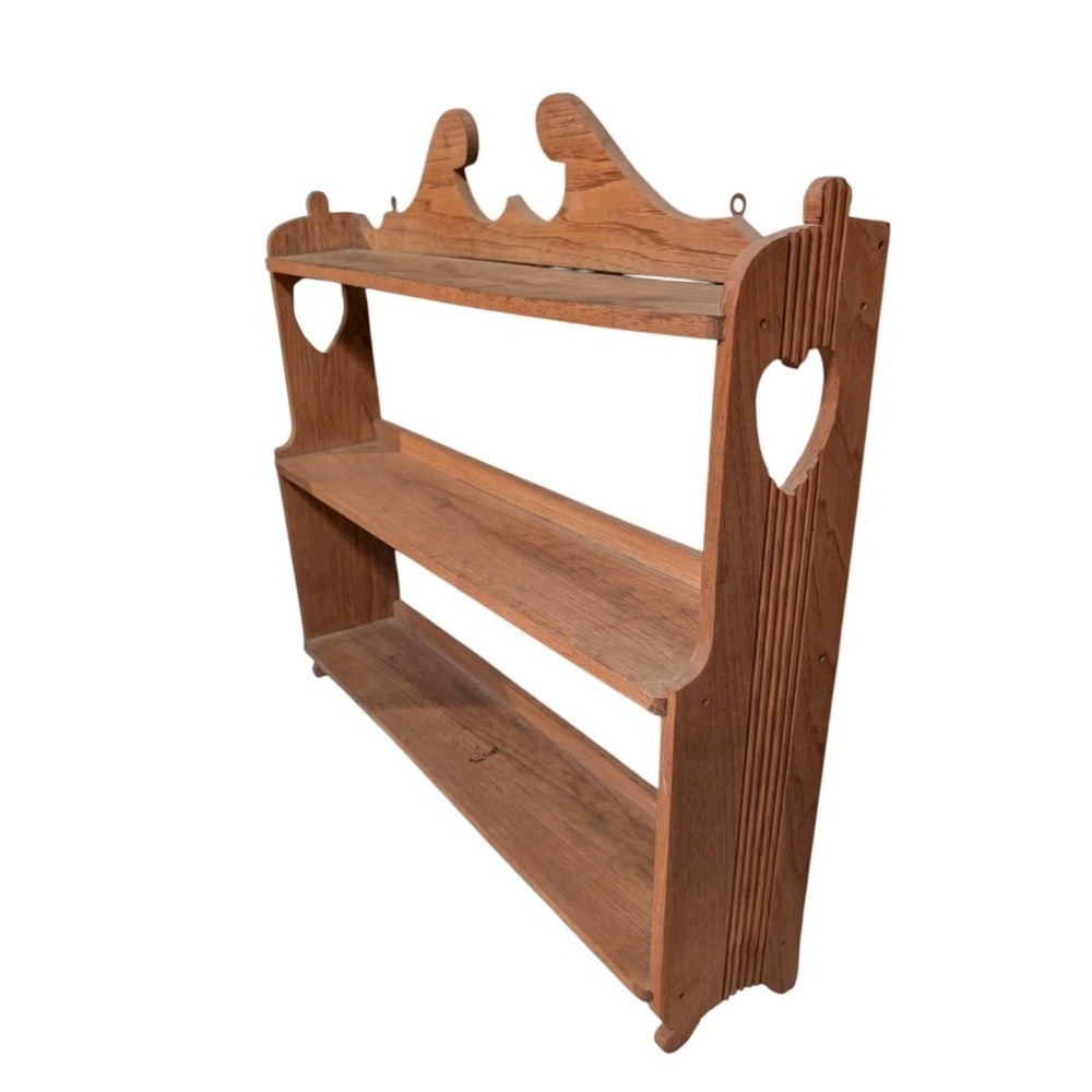 Vintage Wood Wall Shelf 3-Tier Heart Cutout Scrolled Crown Folk Art Country